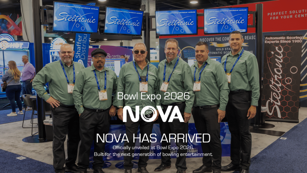 Steltronic North America team at Bowl Expo 2026 in Nashville showcasing the new NOVA bowling scoring and management system.